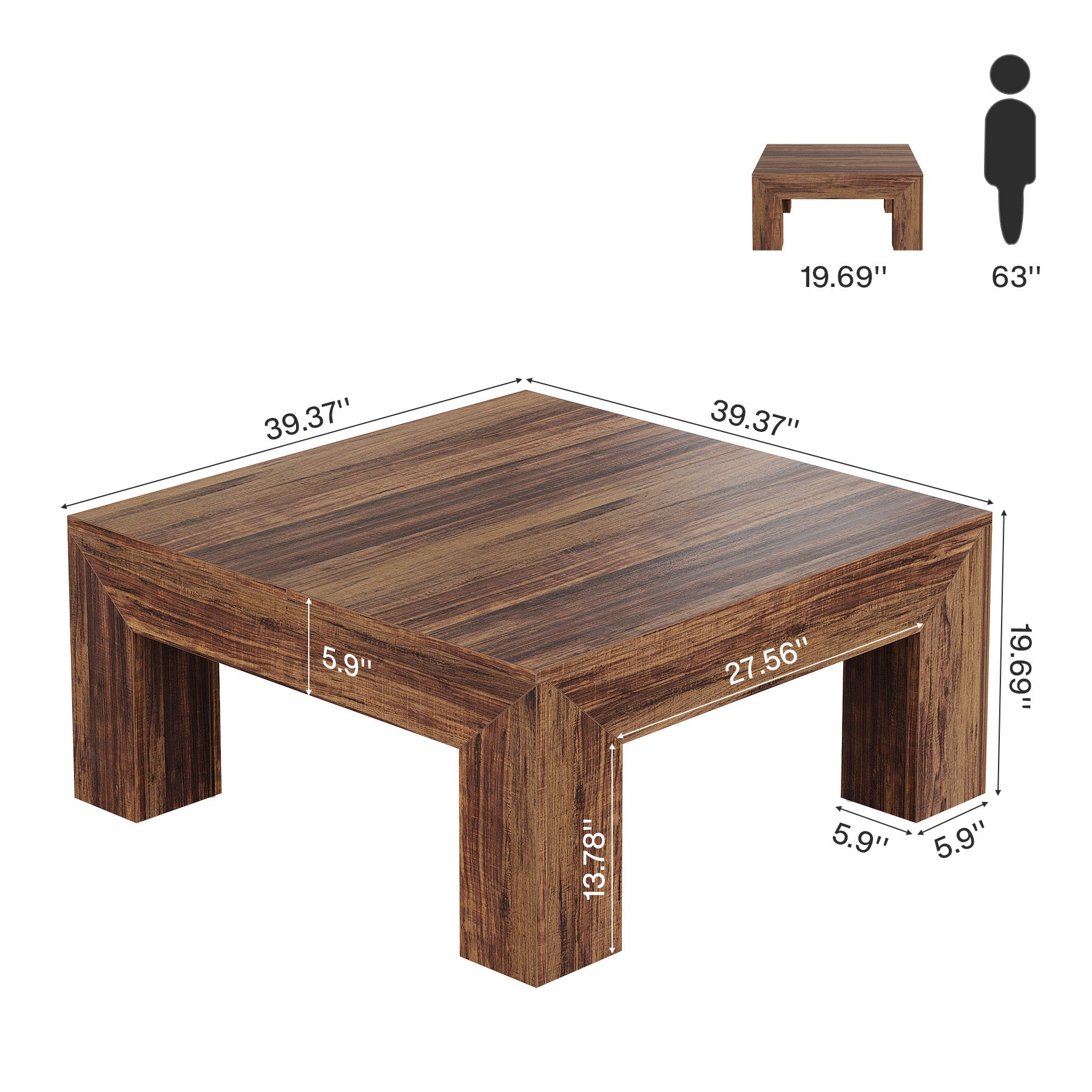 39" Square Farmhouse Coffee Table, Tea Table with Sturdy Wood Legs