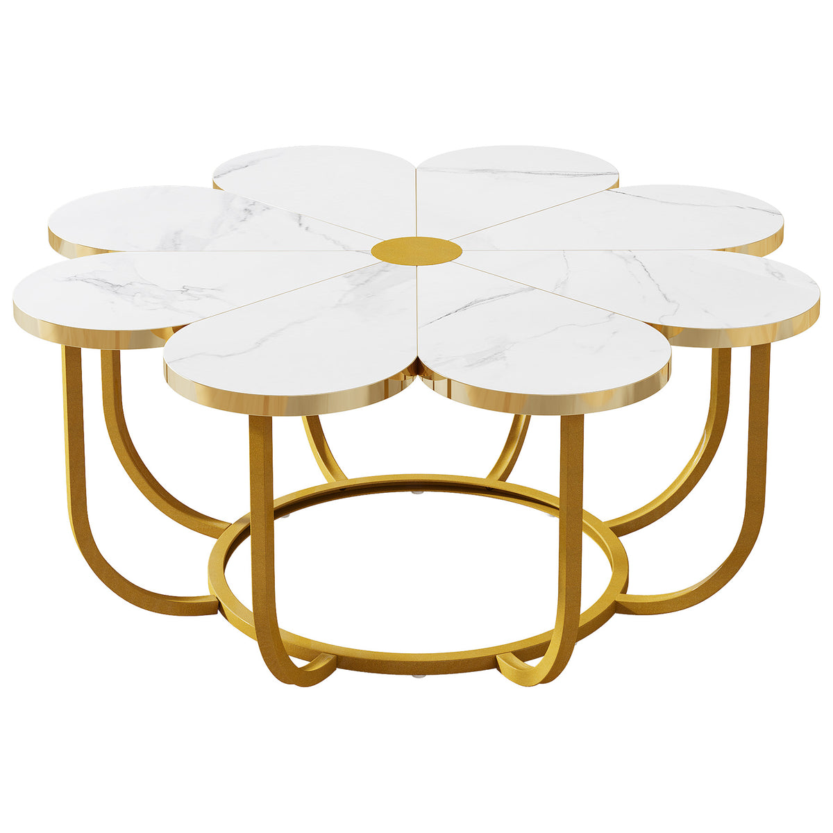 100cm White Coffee Table, with Gold Floral Legs and Faux Marble Top