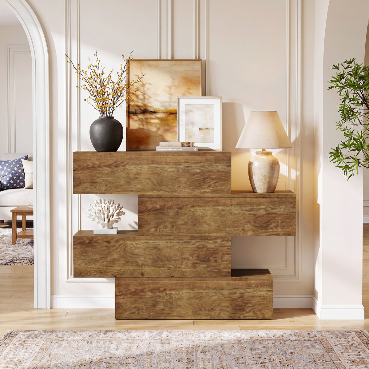 110cm Console Table, Asymmetrical Solid Wood Rustic Sofa Table for Living Room