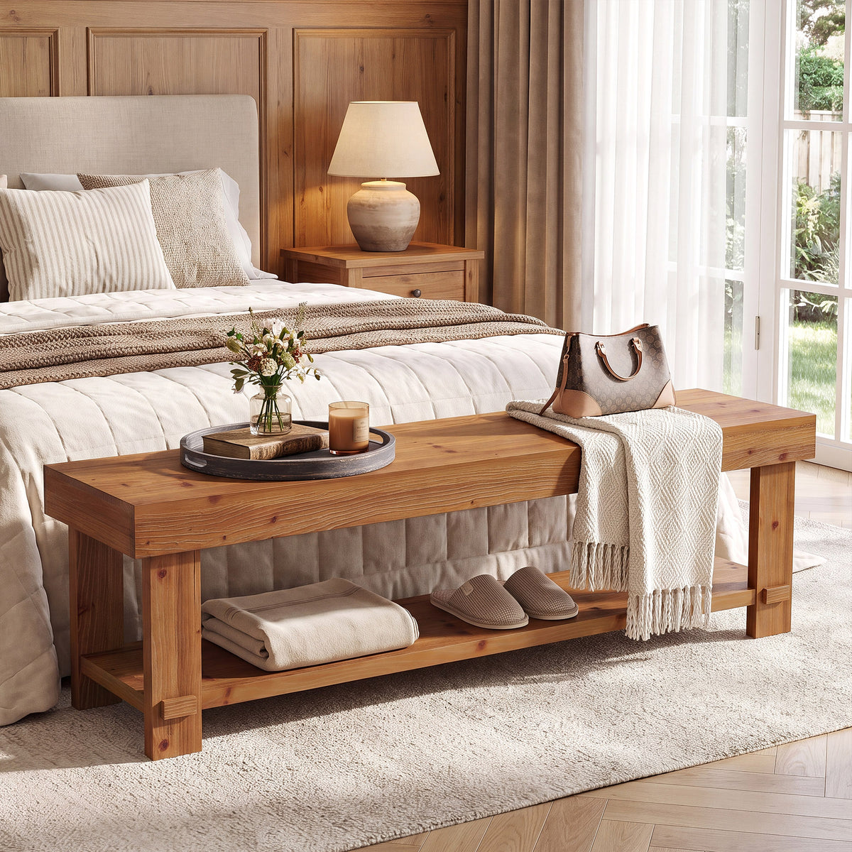 160cm Entryway Bench, Rustic Solid Wood 2-Tier Shoe Bench for Hallway