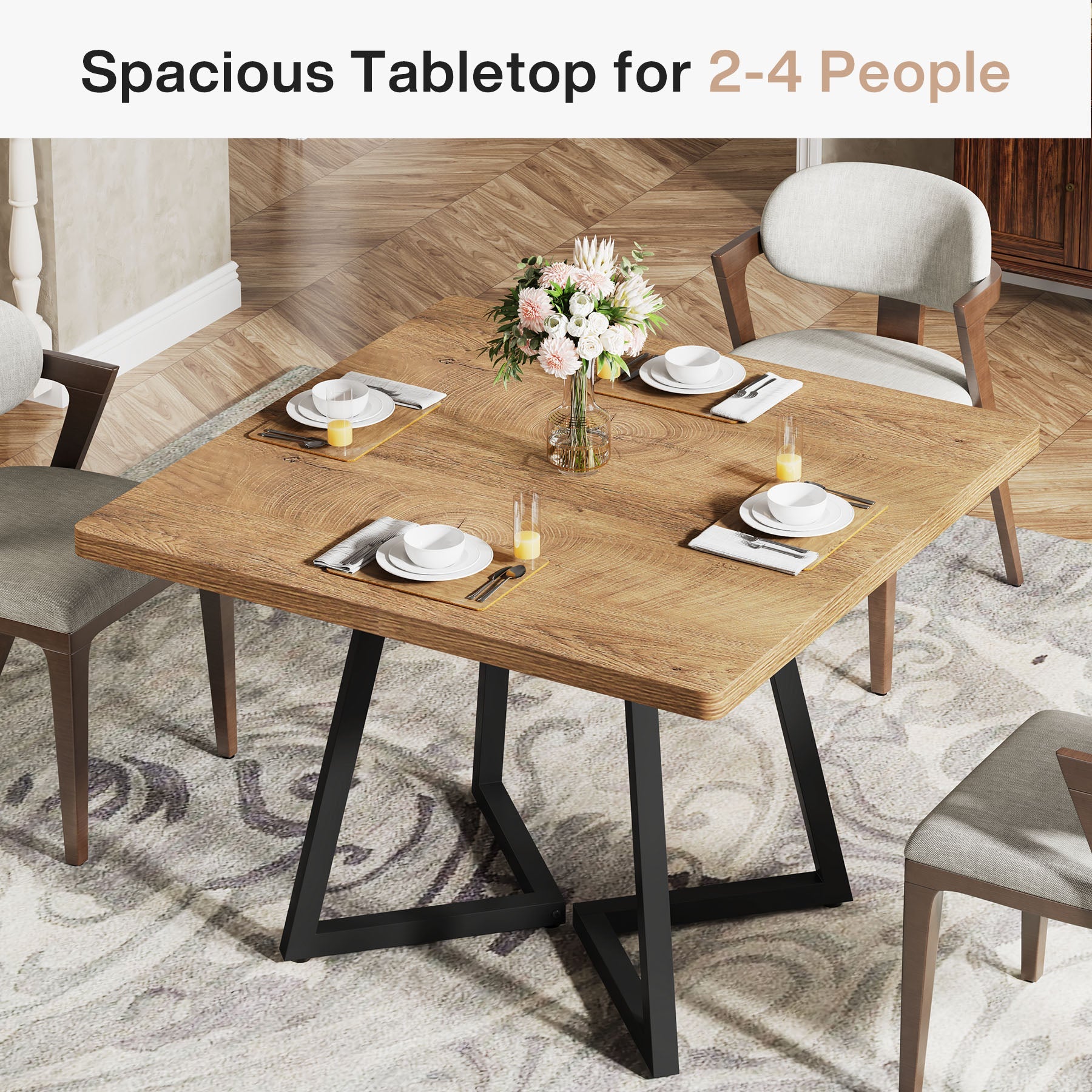 31.5" Square Dining Table, Wood Kitchen Table with Metal Legs for 4