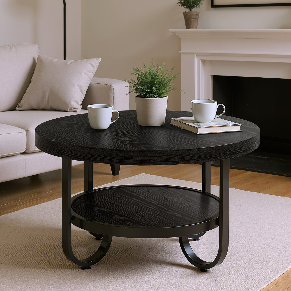 2-Tier Round Coffee Table with Storage, 31.5-Inch Center Cocktail Table