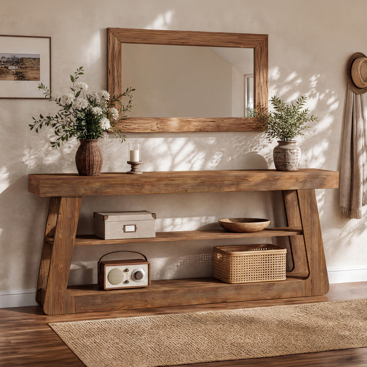 160cm Console Table, Solid Wood 3-Tier Entryway Table with A-Shaped Frame