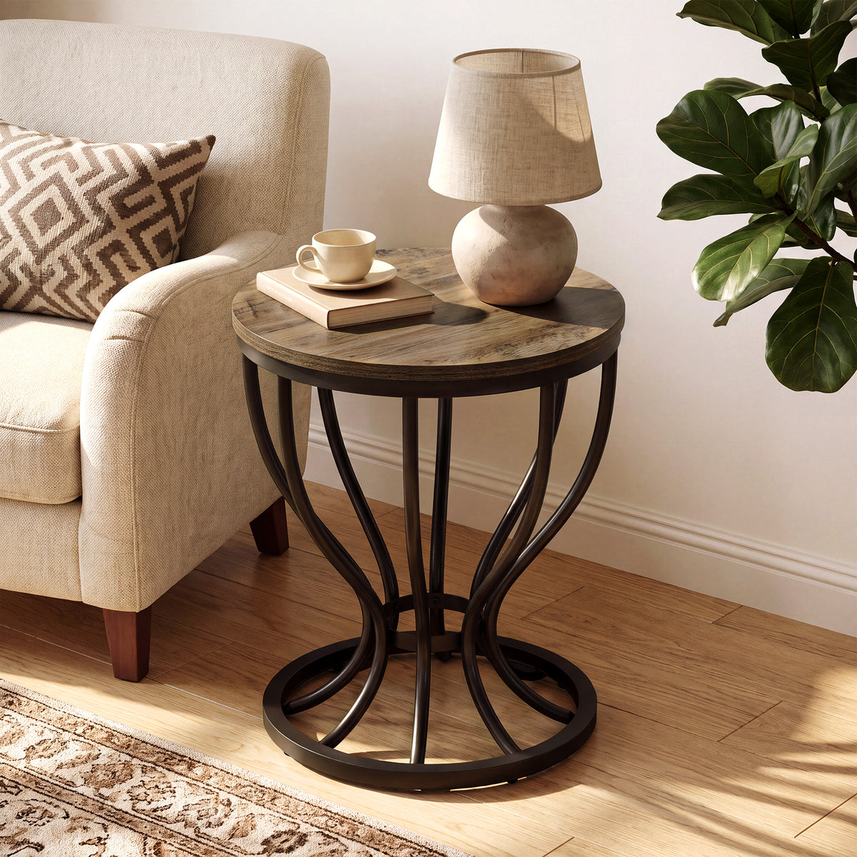 50cm Round Side Table, Industrial End Table with Curved Metal Frame