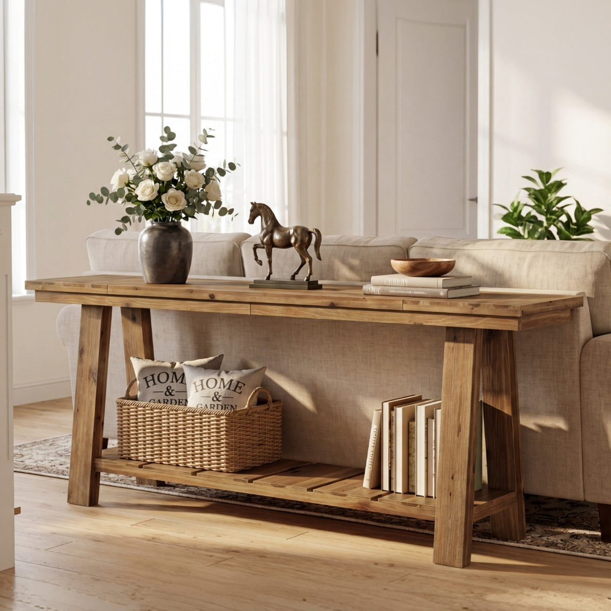 200cm Console Table, Long Farmhouse Entryway Table with 2-Tier Storage Shelf