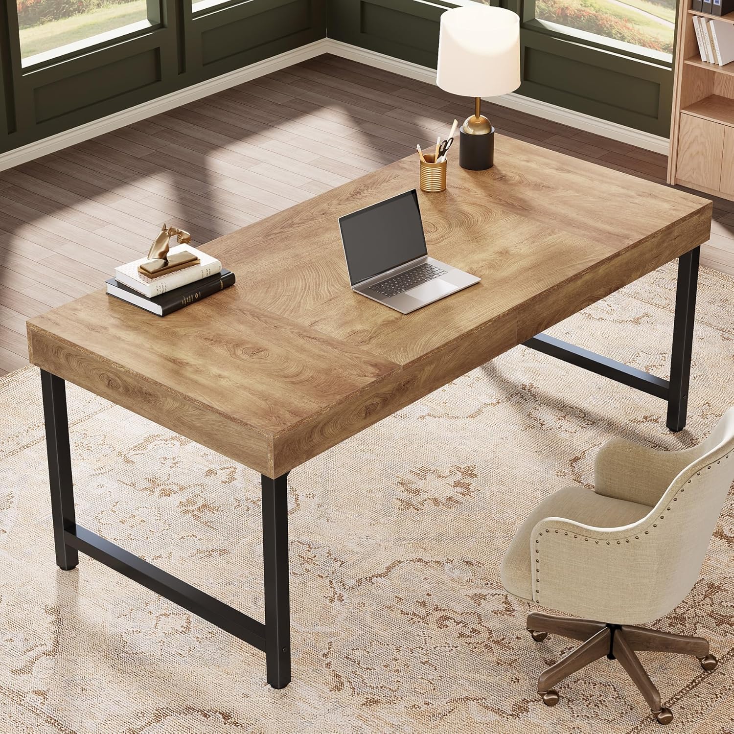 55" Industrial Executive Desk, Rustic Office Desk with Metal Legs, Study & Conference Workstation