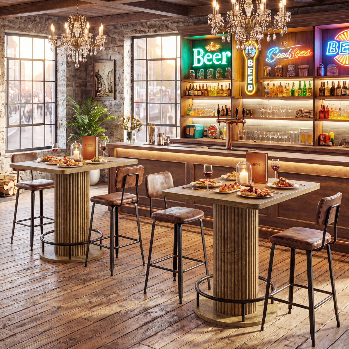 99cm Square Bar Table, Wooden Bistro Table with Footrest for Kitchen & Cafe