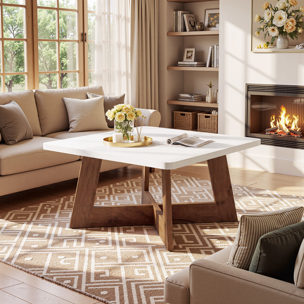 80cm Square Coffee Table, Modern White Centre Table with Cross Base for Living Room