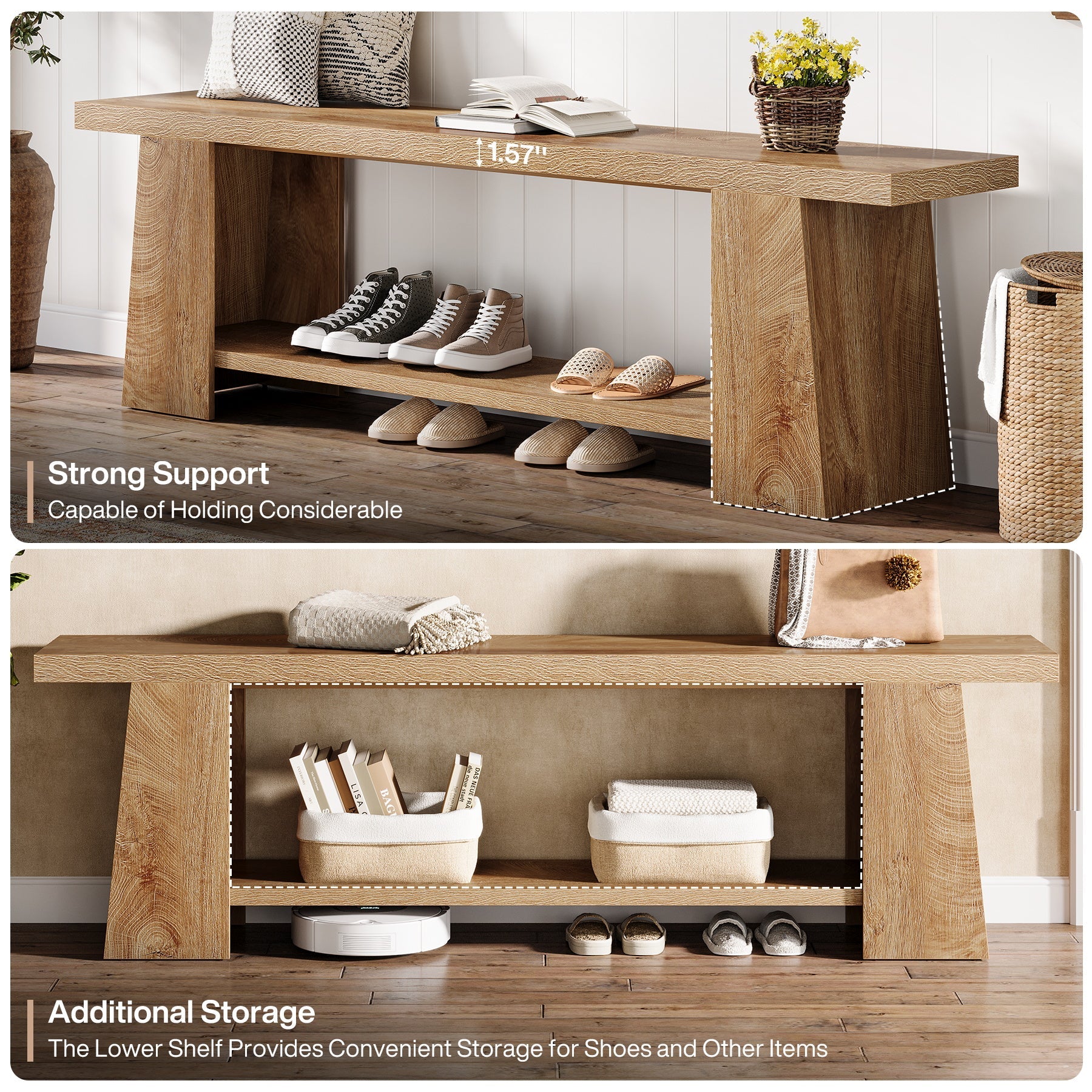 59" 2-Tier Entryway Bench, Shoe Bench End of Bed Bench with Storage Shelves