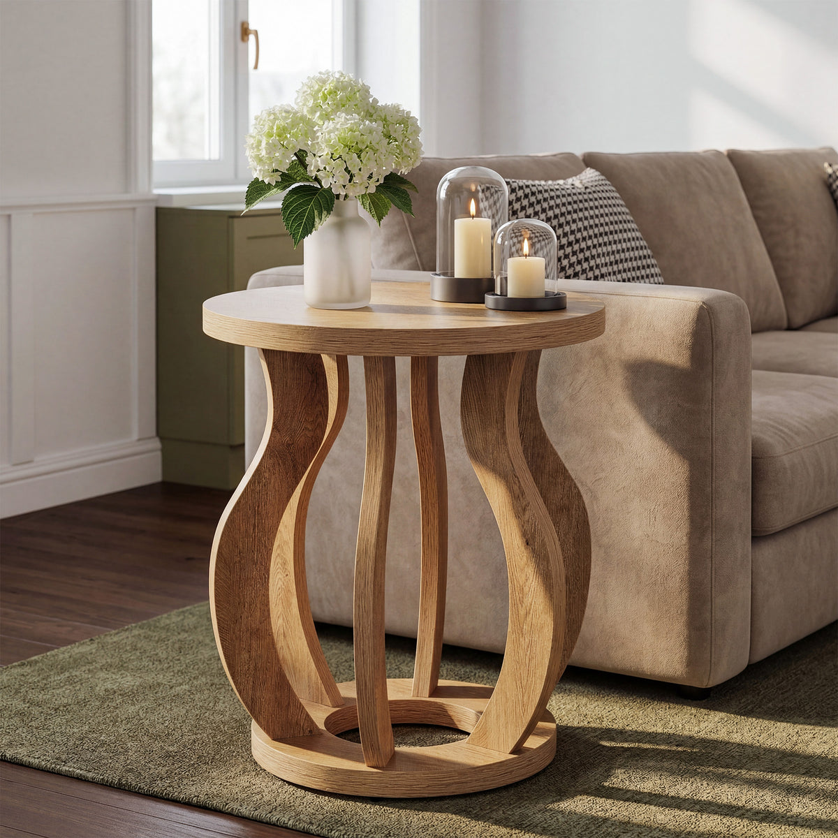 50cm Round Side Table, Curved Wooden Design for Small Spaces