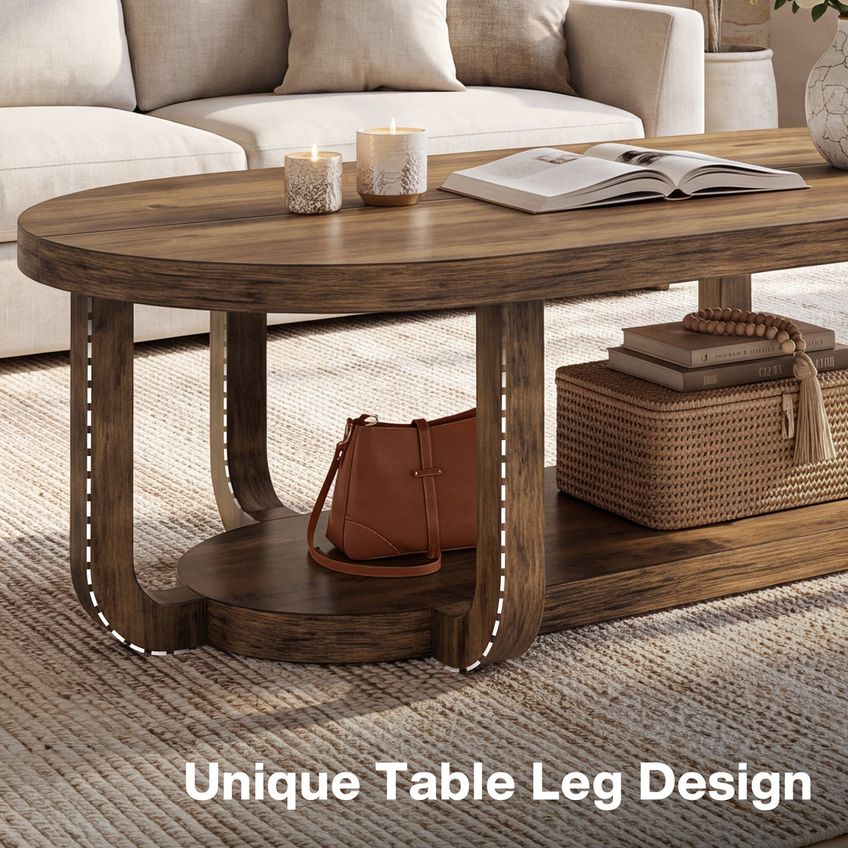 140cm Oval Coffee Table, 2-Tier Storage with Curved Leg Design for Living Room