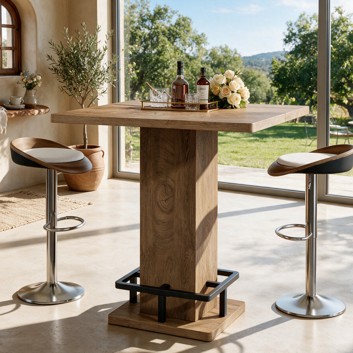 80cm Square Bar Table, Pedestal Base with Built-In Footrest for Home Bar