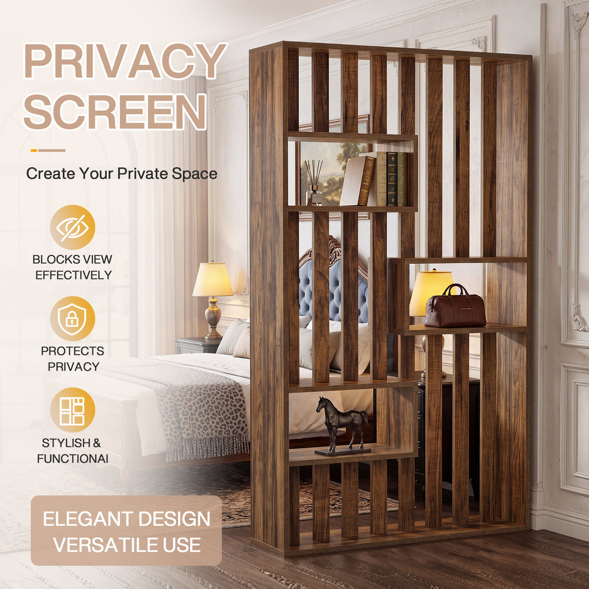 180cm Room Divider, Freestanding Slatted Partition with Built-in Shelves