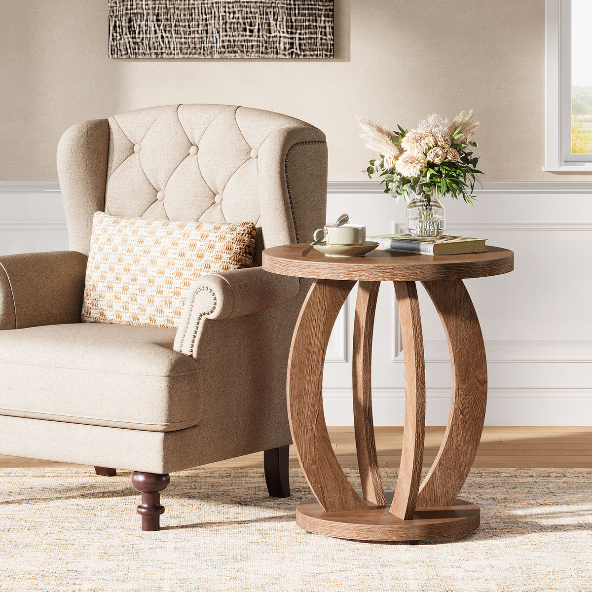 60cm Round End Table, Rustic Side Table with Storage for Living Room