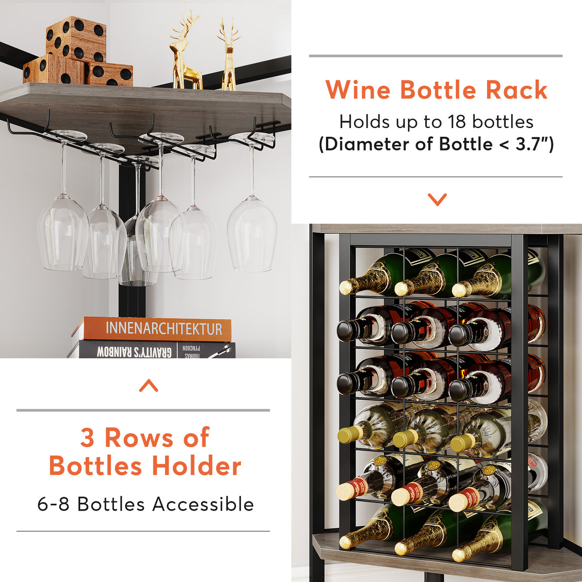 161cm Corner Wine Rack, 4-Tier Industrial Shelf with Glass Holder
