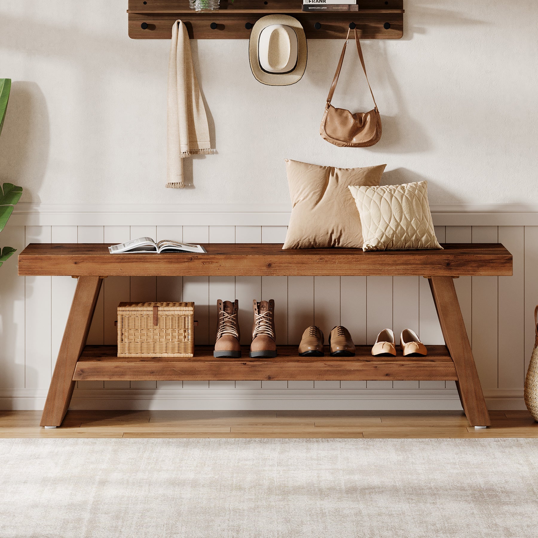 47" 2-Tier Entryway Bench, Solid Wood Shoe Bench with Open Shelves