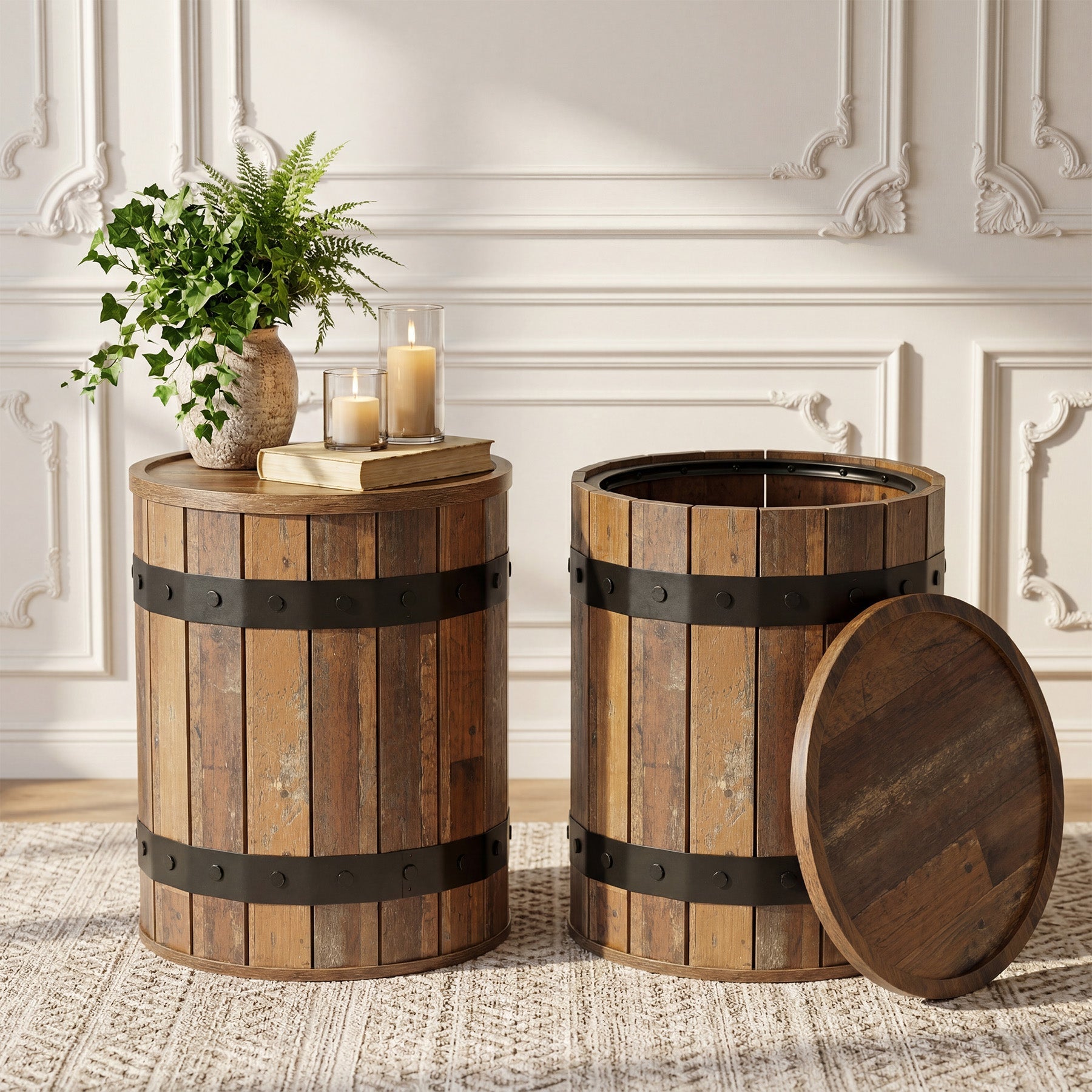 19.68" Barrel Side Table with Hidden Storage, Round Wood End Table with Lid for Living Room and Bedroom