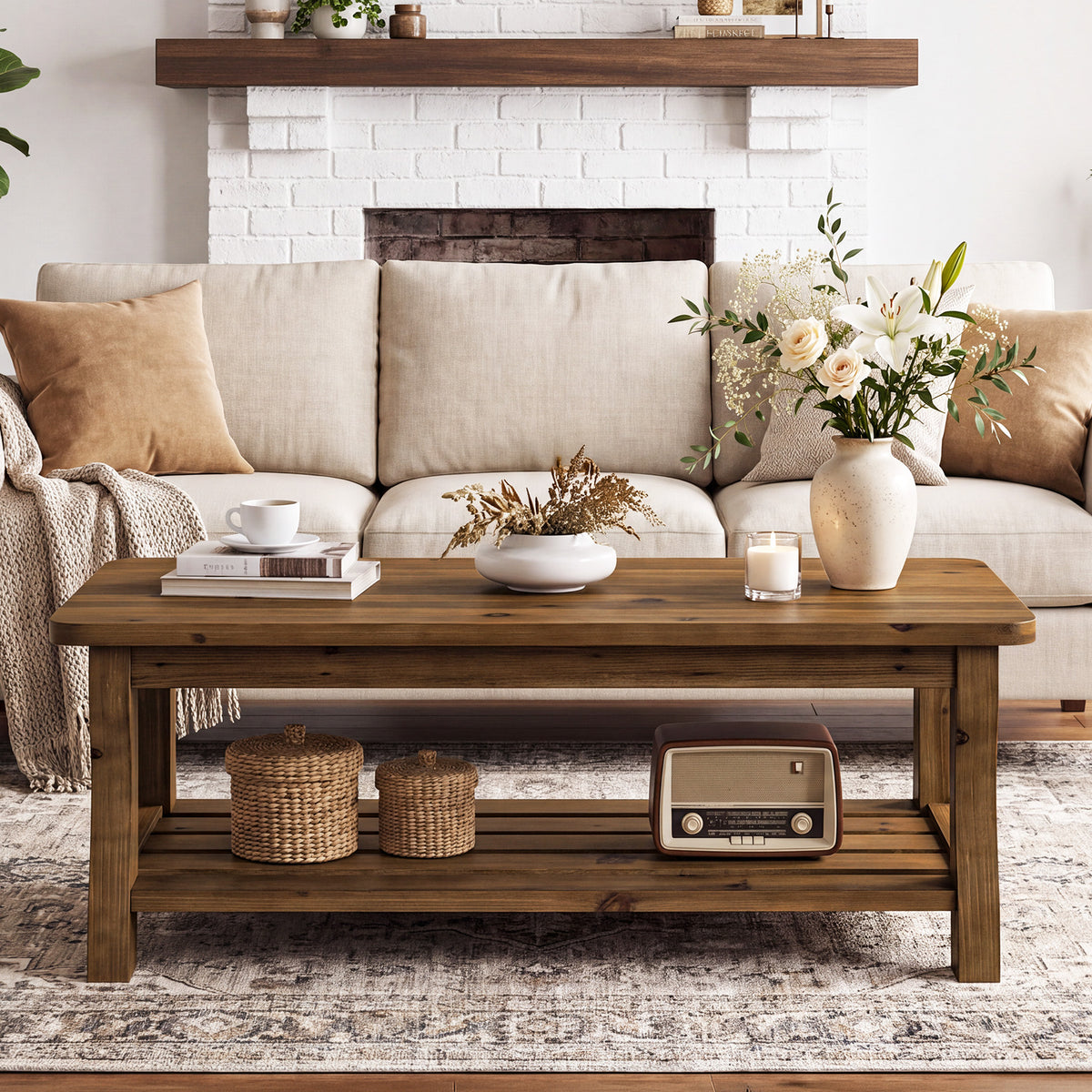 47" Solid Wood Coffee Table, Farmhouse 2-Tier Living Room Center Table, Dark Brown
