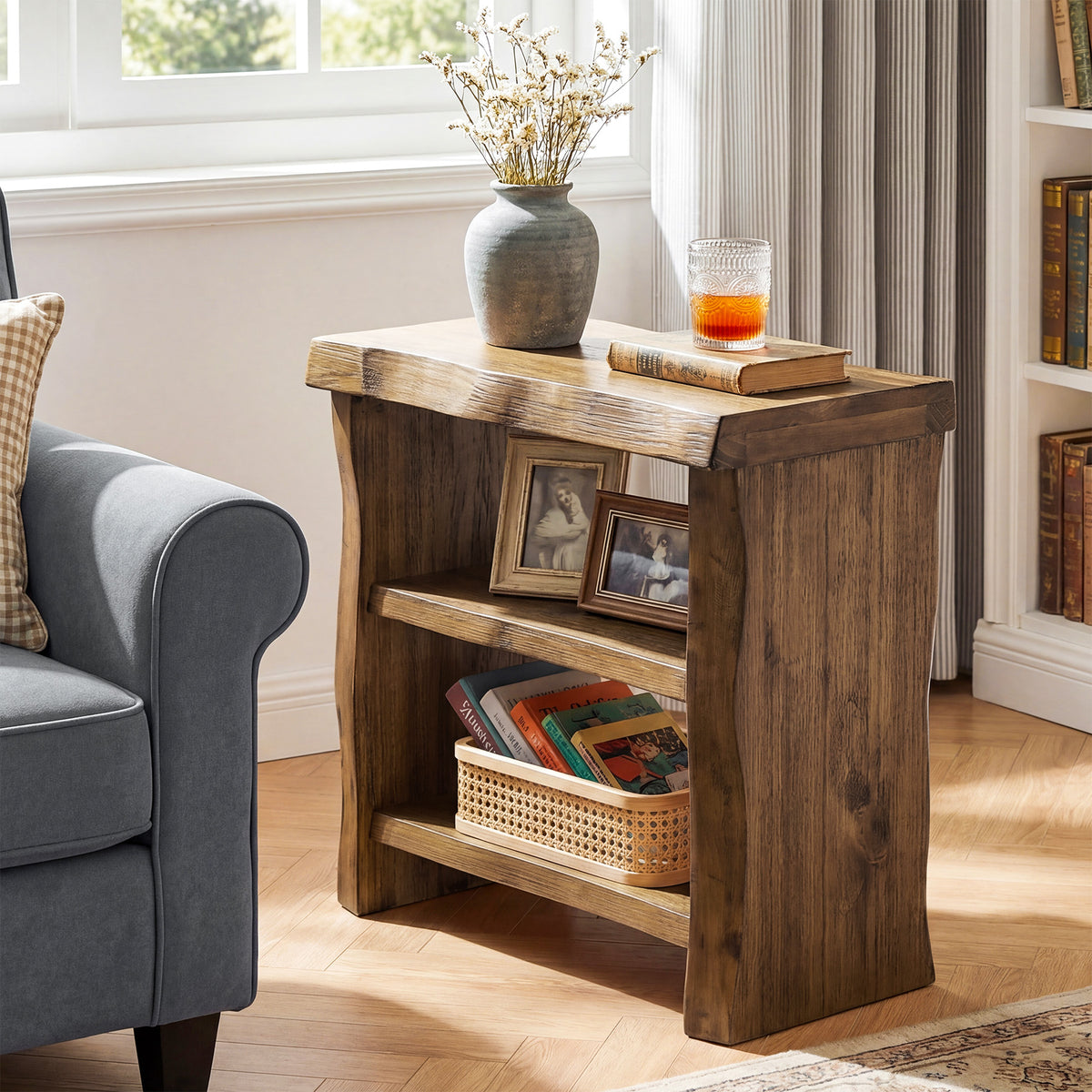 60cm End Table, 3-Tier Solid Wood Narrow Side Table with Live Edge Design for Living Room