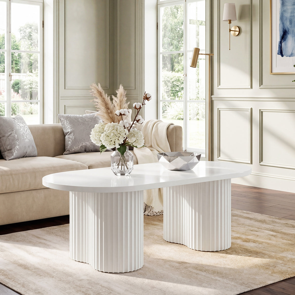 120cm Oval Coffee Table, Modern White Fluted Centre Table for Living Room & Office