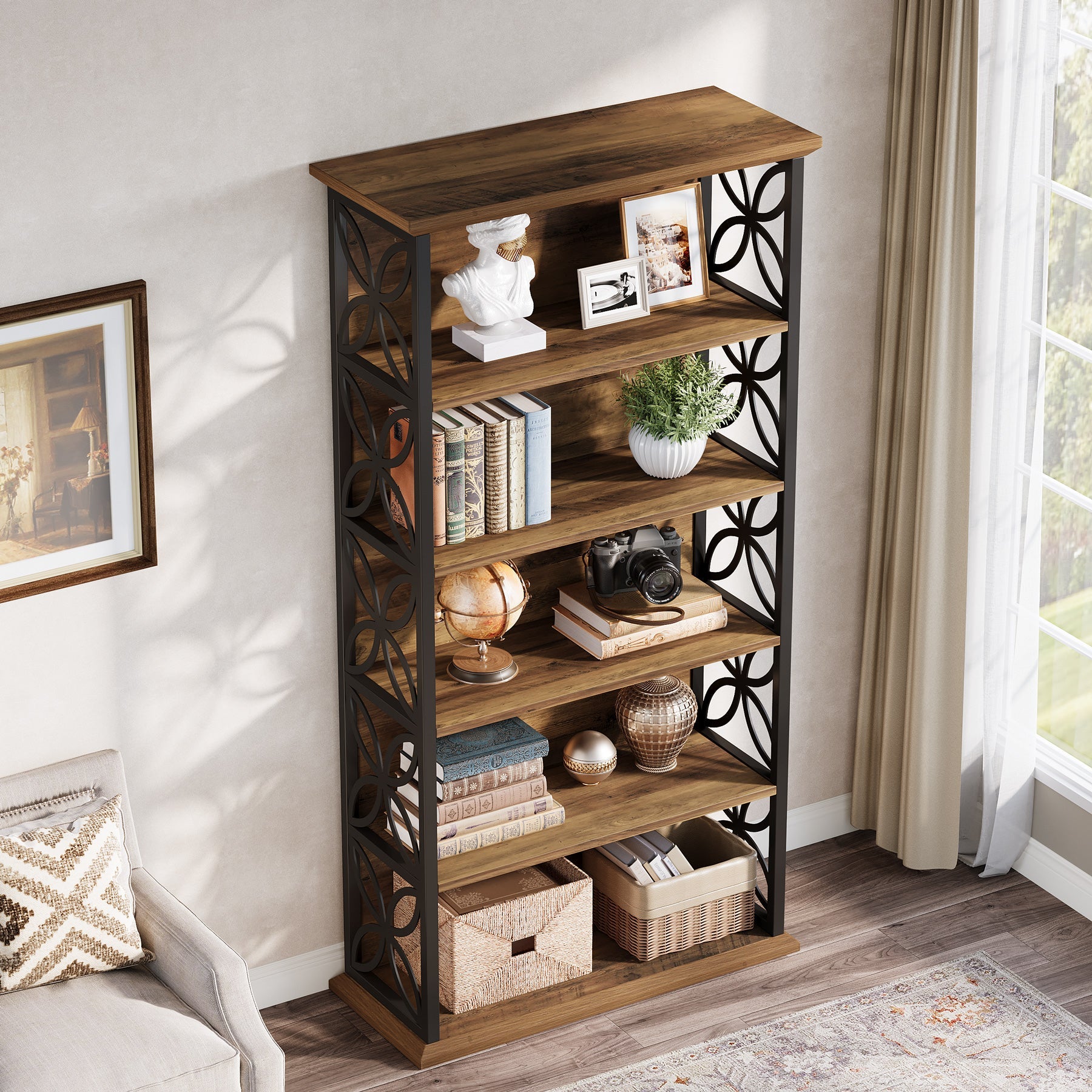 71" 6-Tier Bookshelf, Open Storage Bookcase with Metal Frame for Office