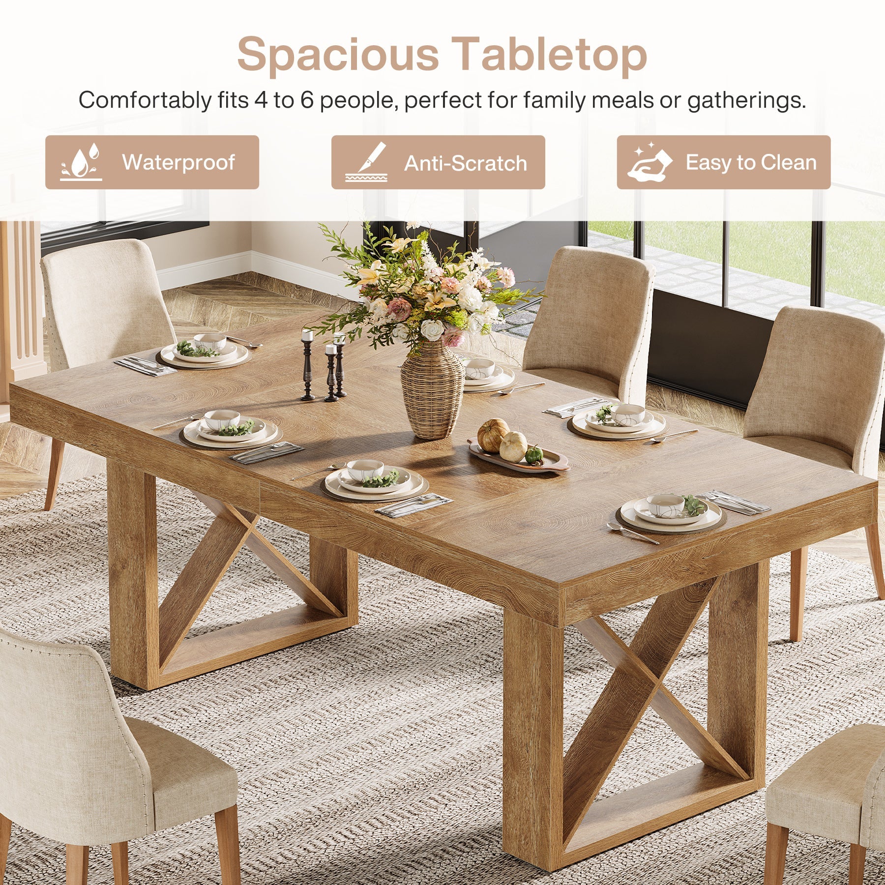 63" Dining Table for 4 People, Farmhouse Kitchen Table with Thick Top for Dining Room Living Room