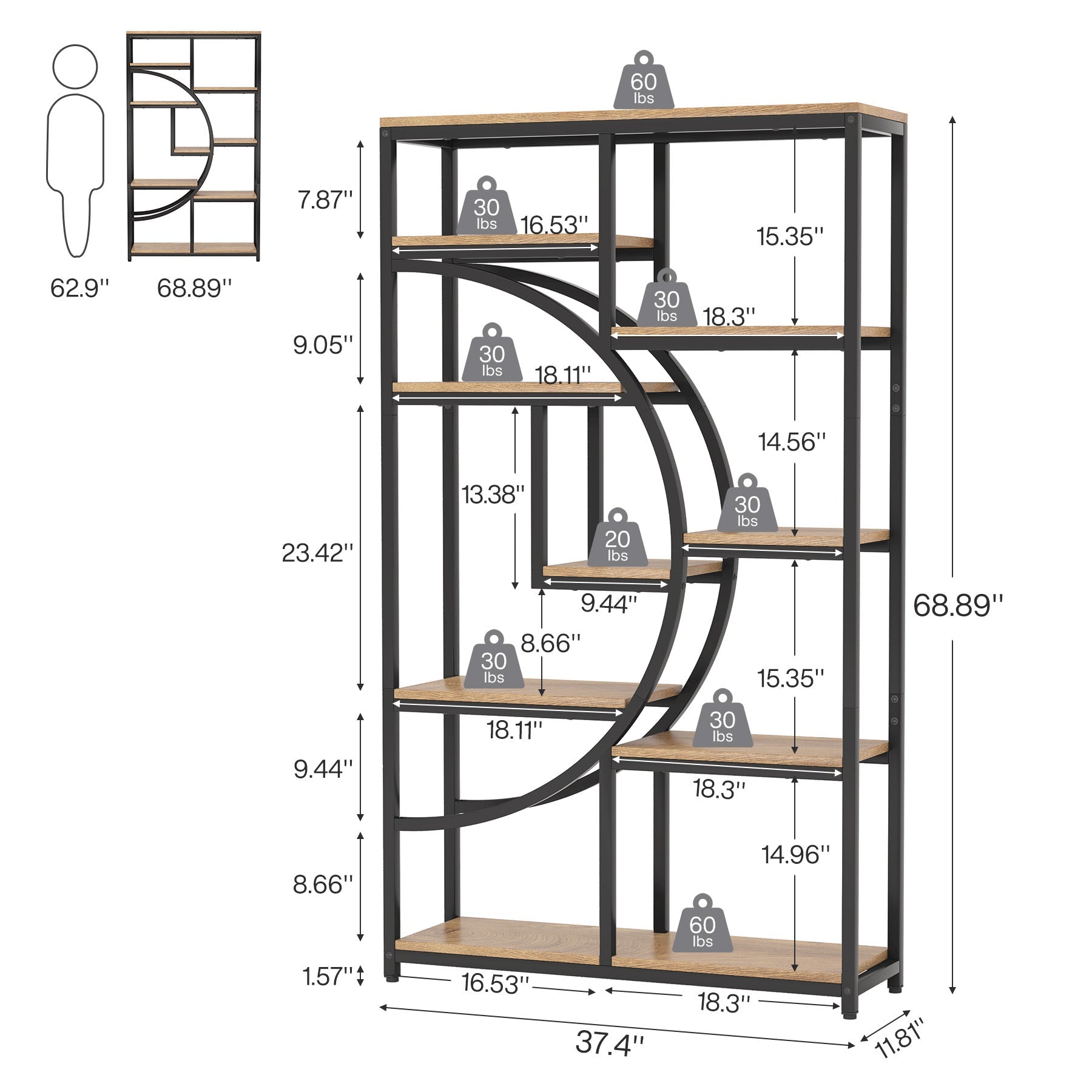 37.4" 5-Tier Industrial Bookshelf for Living Room, Bedroom, Home Office