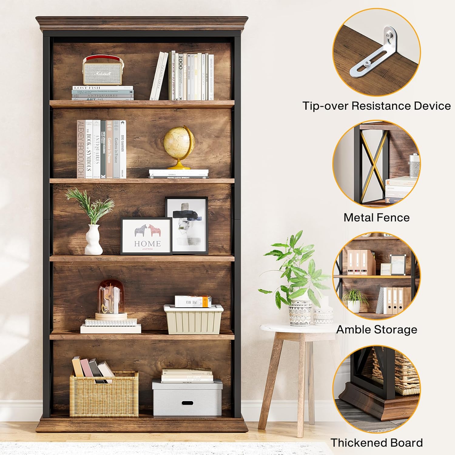 71" Industrial 6-Tier Bookcase - 5-Shelf Floor Standing Storage Unit in Brown & Black