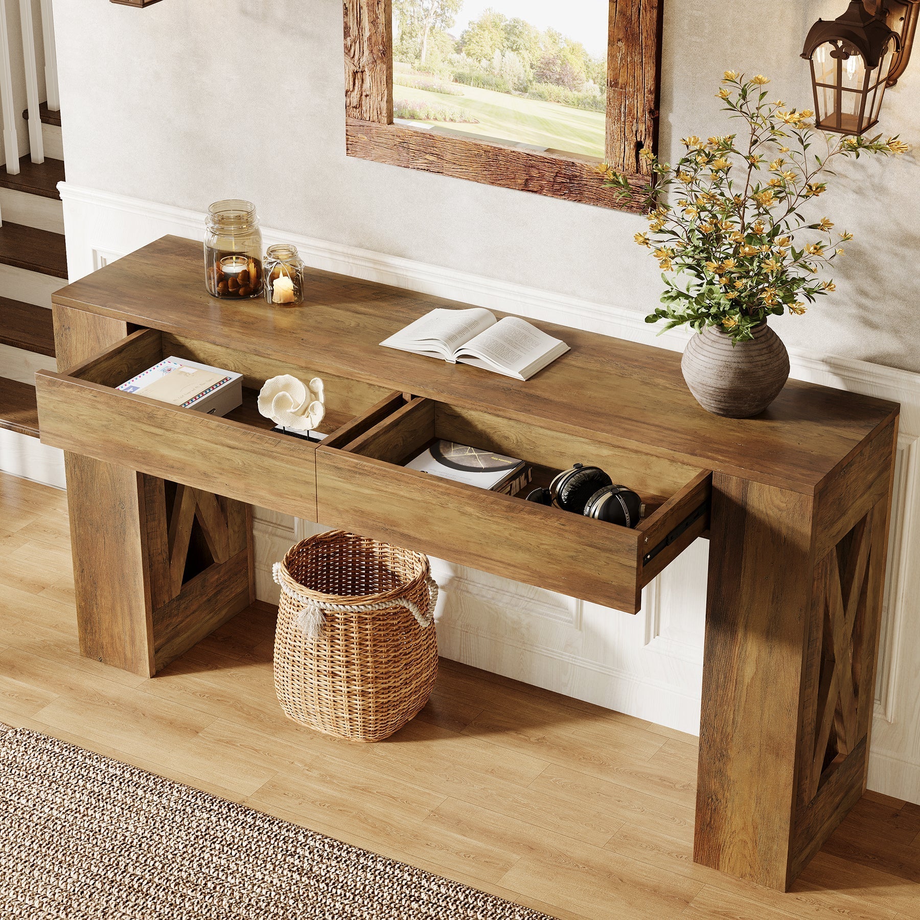 63" Farmhouse Console Table, X-Leg Sofa Table with 2 Drawers