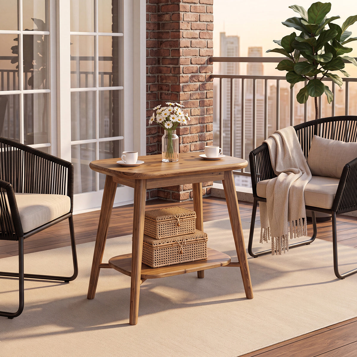 50cm End Table, Farmhouse 2-Tier Solid Wood Side Table with Rounded Corners