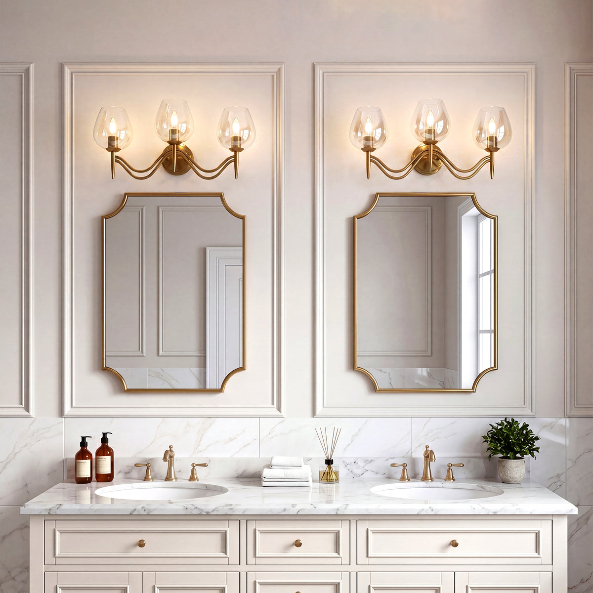 3-Light 22.8" Gold Bathroom Vanity Light, Clear Glass Wall Sconce