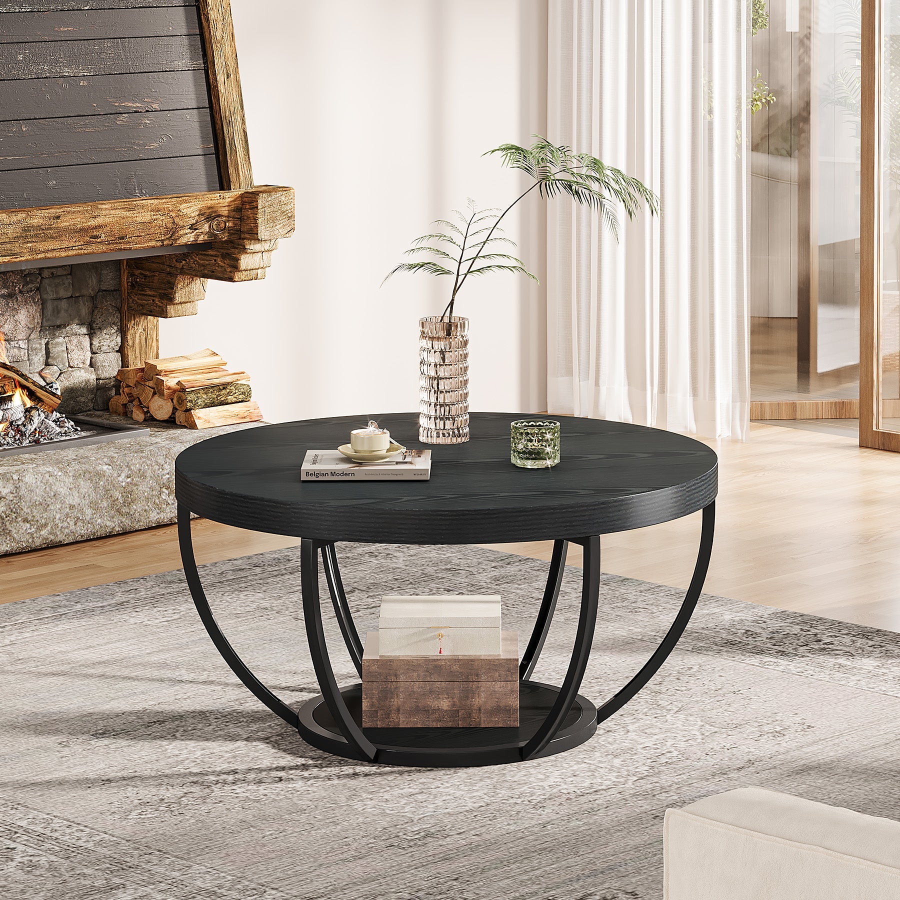31.69" Round Wooden Coffee Table, 2-Tier Central Cocktail Table with Shelves