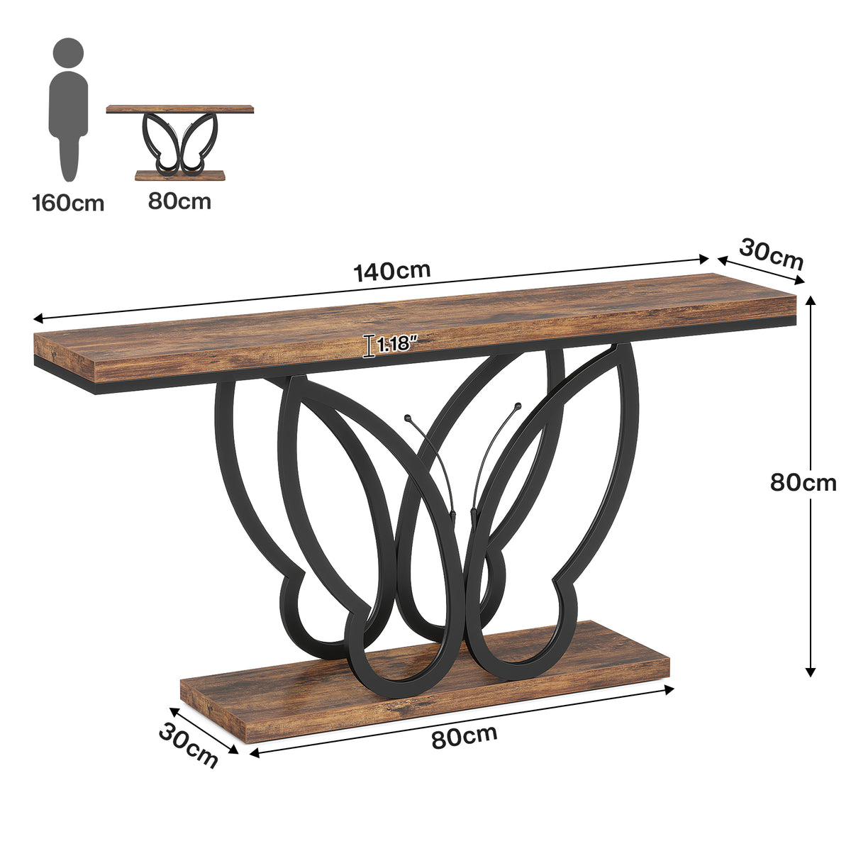 140cm Console Table, Slim Rustic Hallway Table with Metal Frame