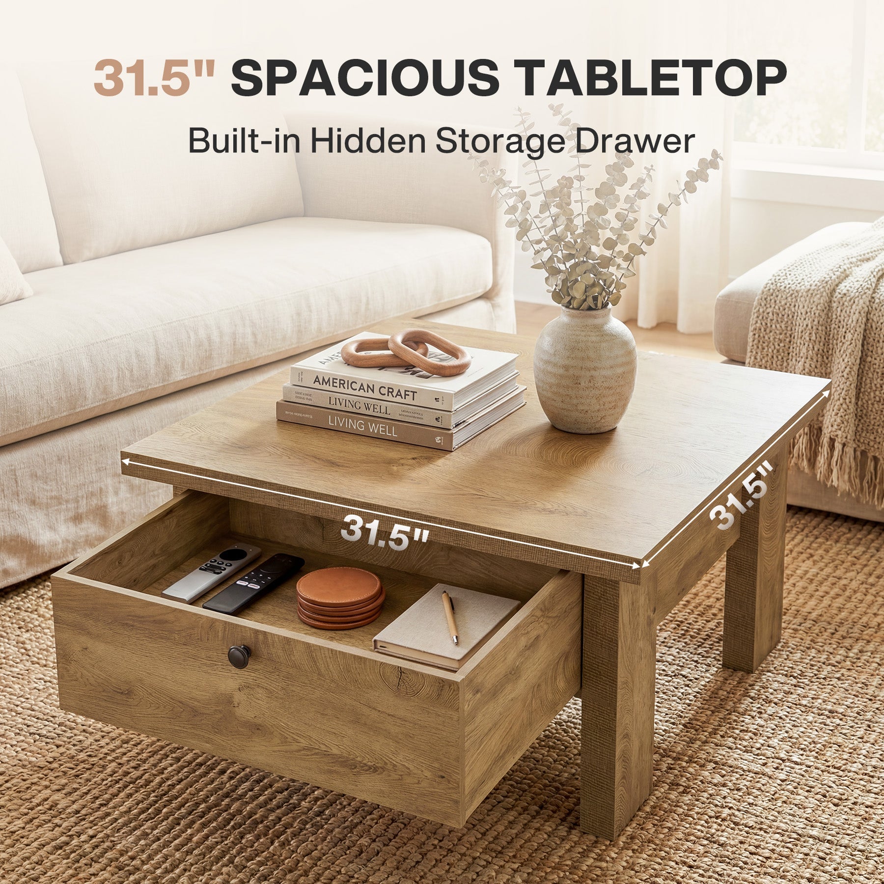 31.5" Coffee Table, Square Center Tea Table with Storage Drawer