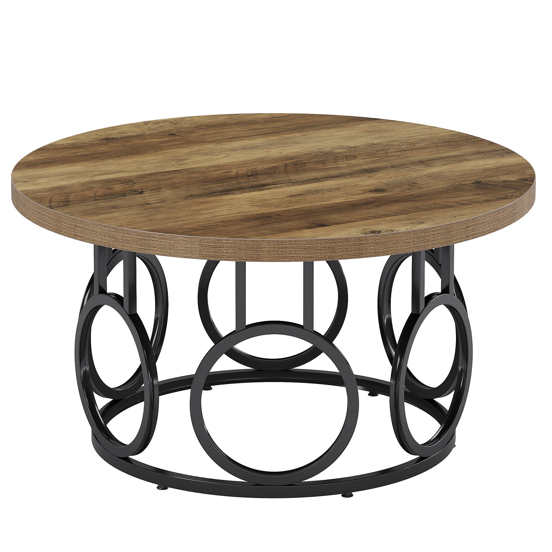 31.5" Round Coffee Table, Rustic Wood Grain and Metal Base with Industrial Design