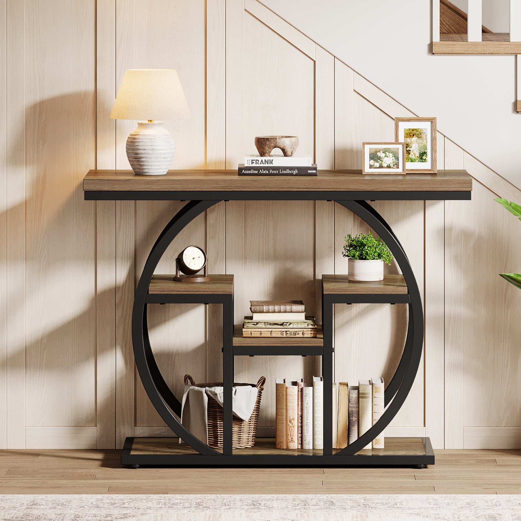 105cm Industrial Console Table, 4-Tier Sofa Table with Storage Shelves