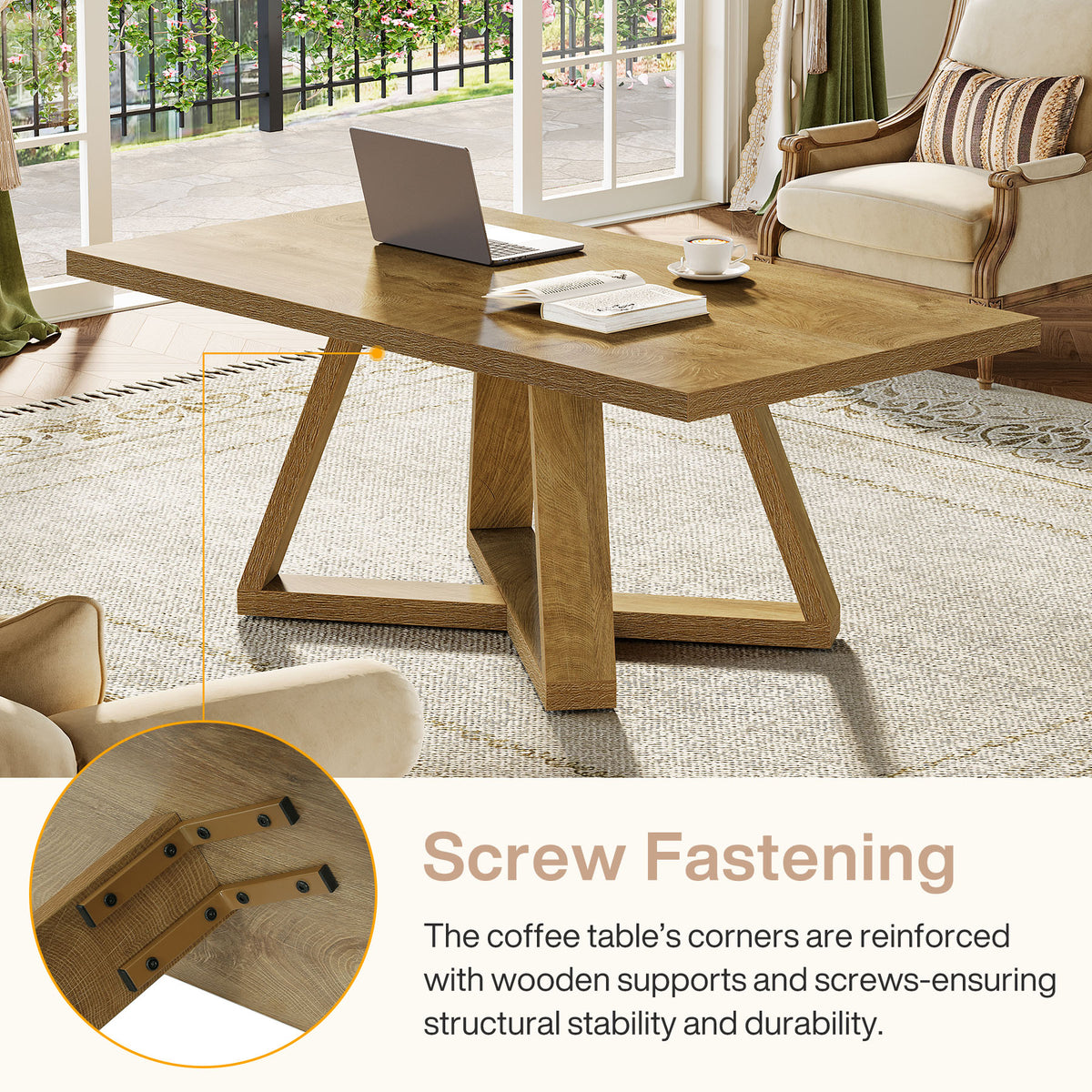 120cm Rectangle Coffee Table, Farmhouse Wooden Accent Table for Small Spaces
