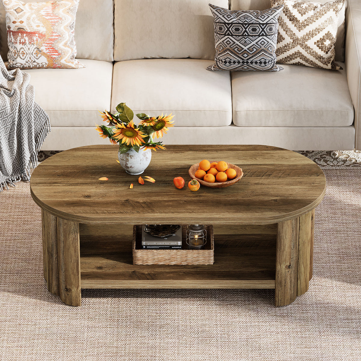 120cm Oval Coffee Table, Storage Shelf for Living Room