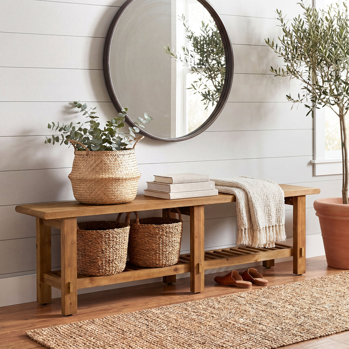 160cm Entryway Bench, Solid Wood Narrow End of Bed Bench with Shoe Storage
