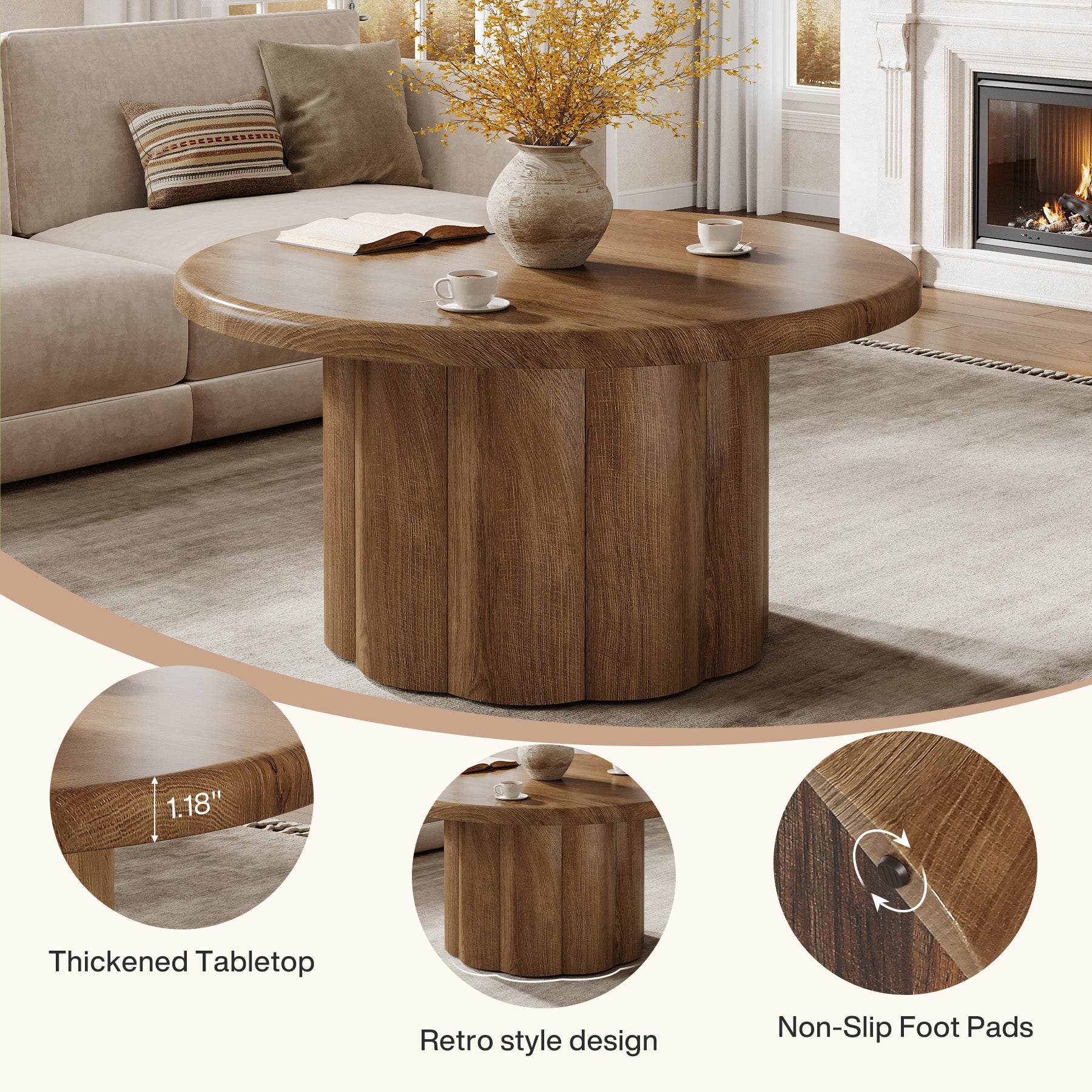 31.5" Rustic Fluted Drum Table, Round Farmhouse Center Table for Cozy Living