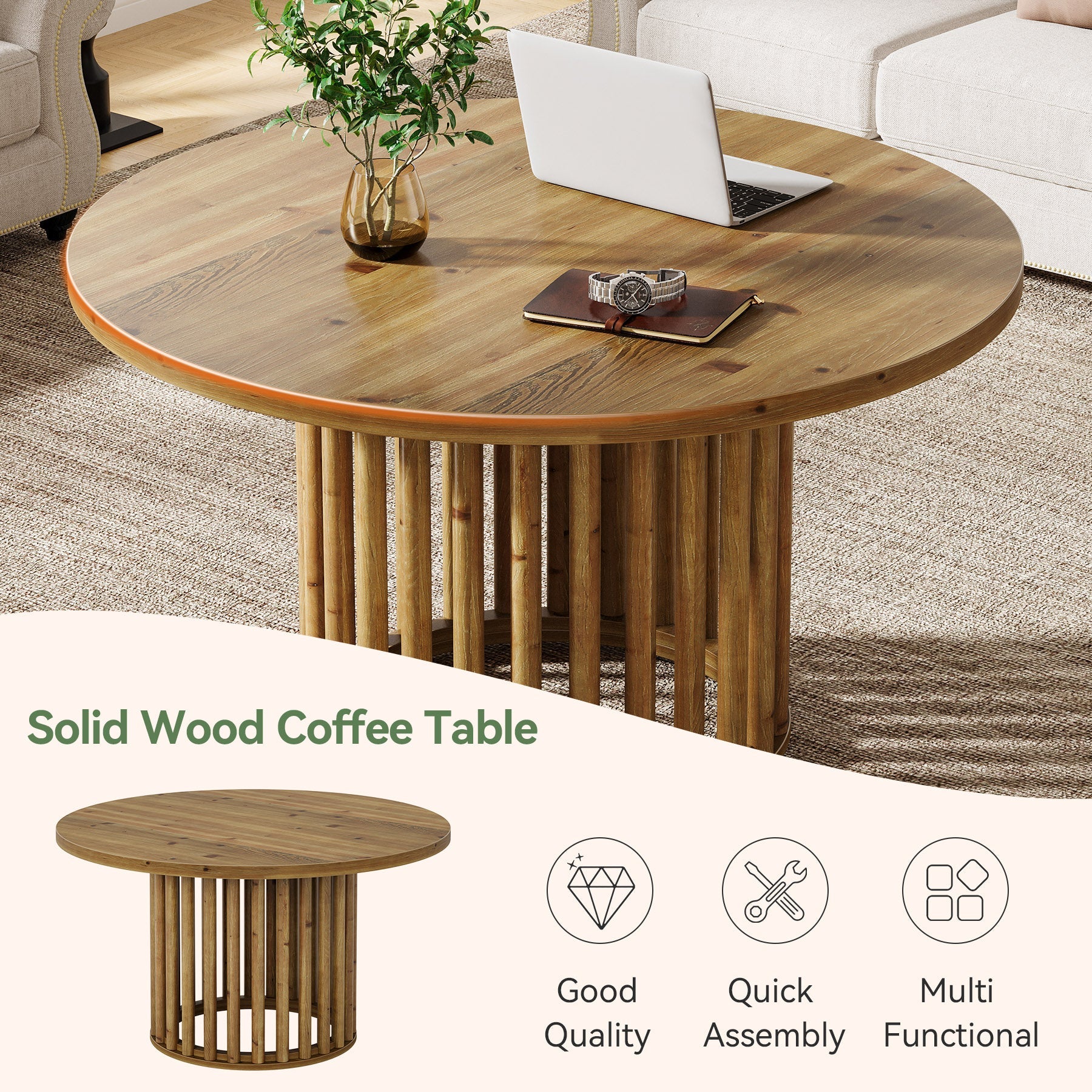 31.5" Solid Wood Round Coffee Table, Center Tea Table with Cylindrical Hollow Base