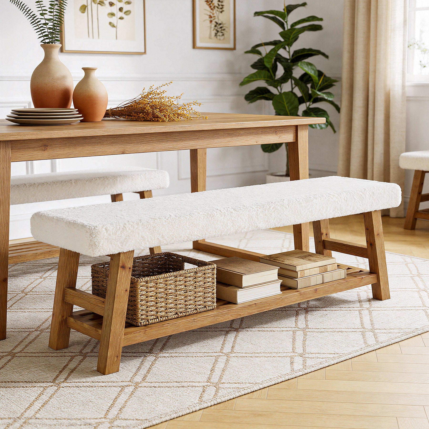 140cm Upholstered Dining Bench, 2-Tier Solid Wood Kitchen Table Bench with Cushion