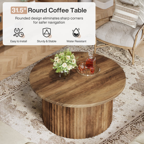 Tribesigns Round Coffee Table, Fluted Drum Base for Living Room