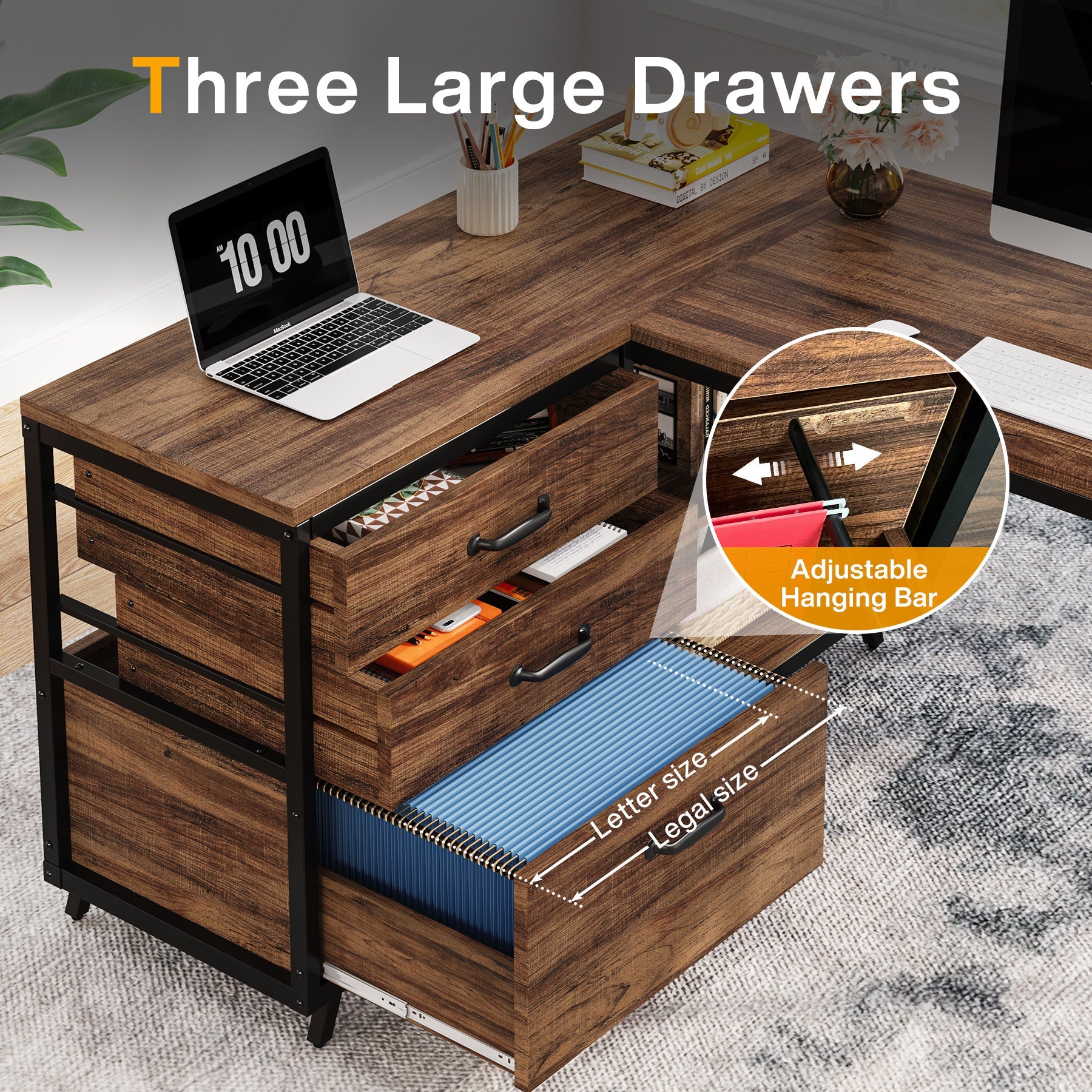 53" Reversible L-Shaped Computer Desk with 3 Drawers and Shelves