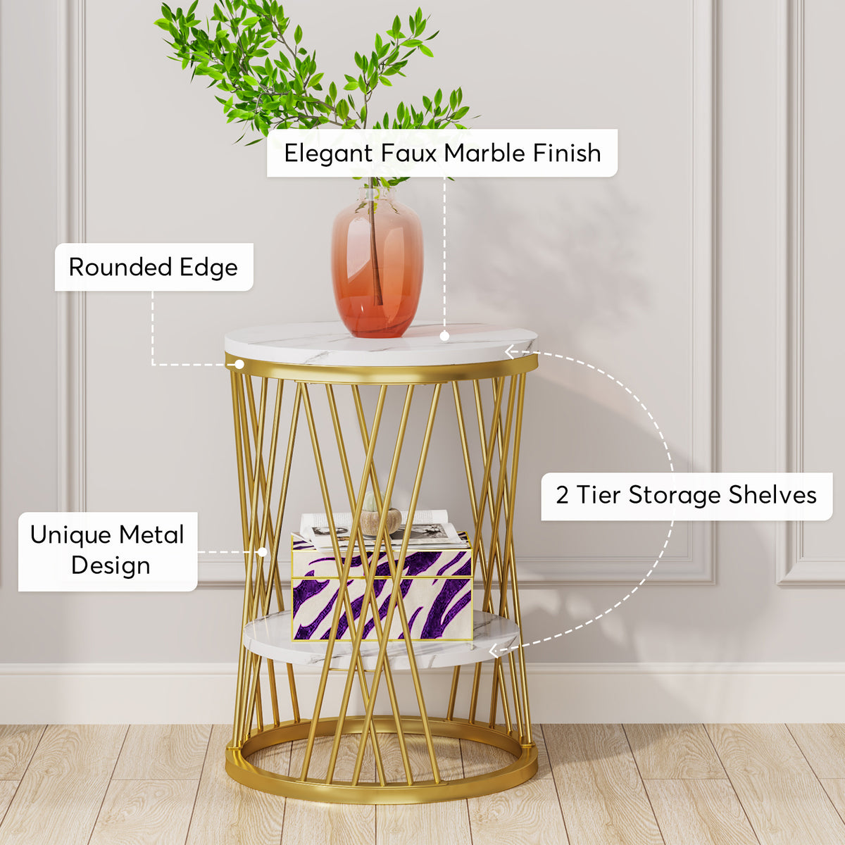 60cm Round End Table, 2-Tier Faux Marble Side Table with Gold Frame