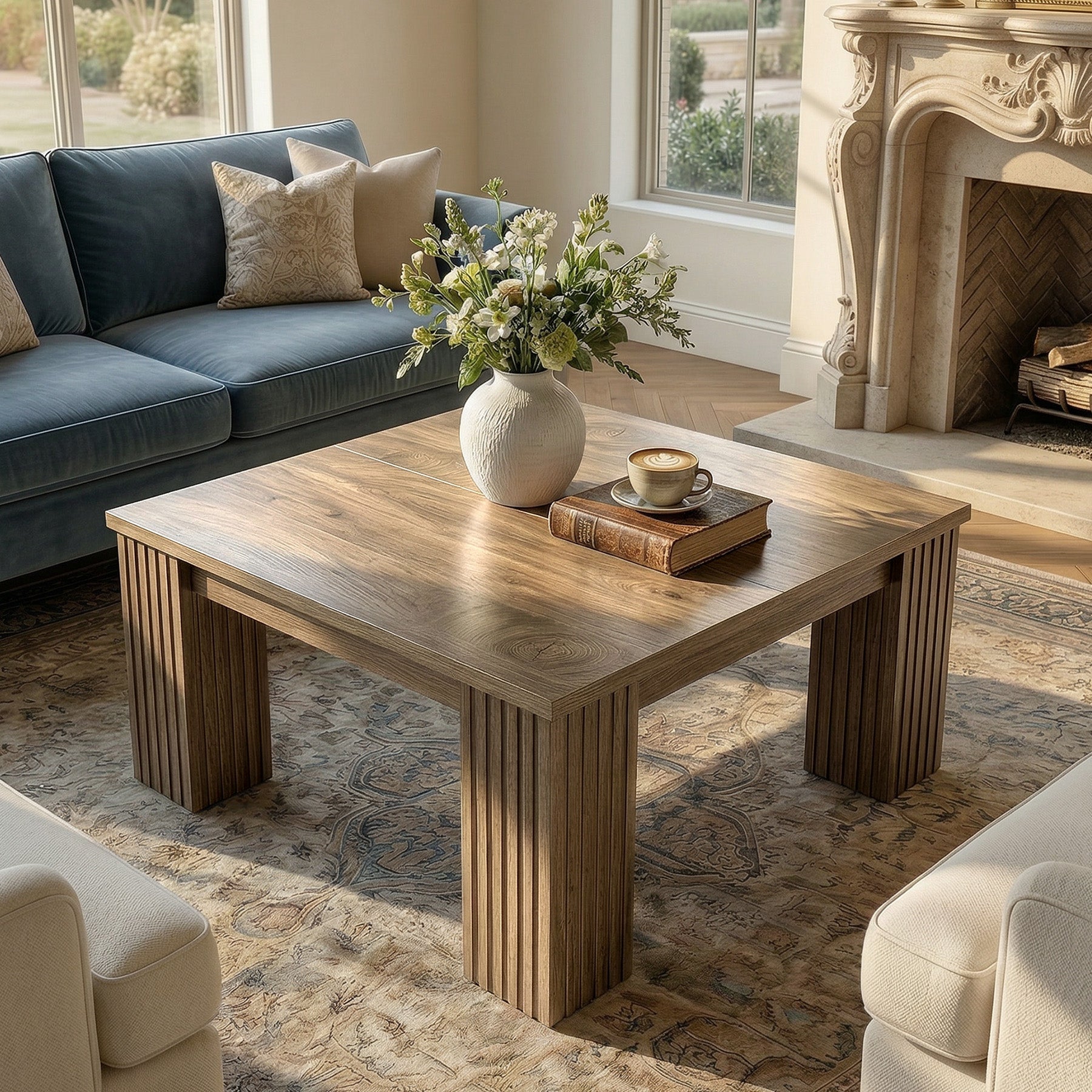 100cm Square Coffee Table, Farmhouse Center Table with Fluted Legs