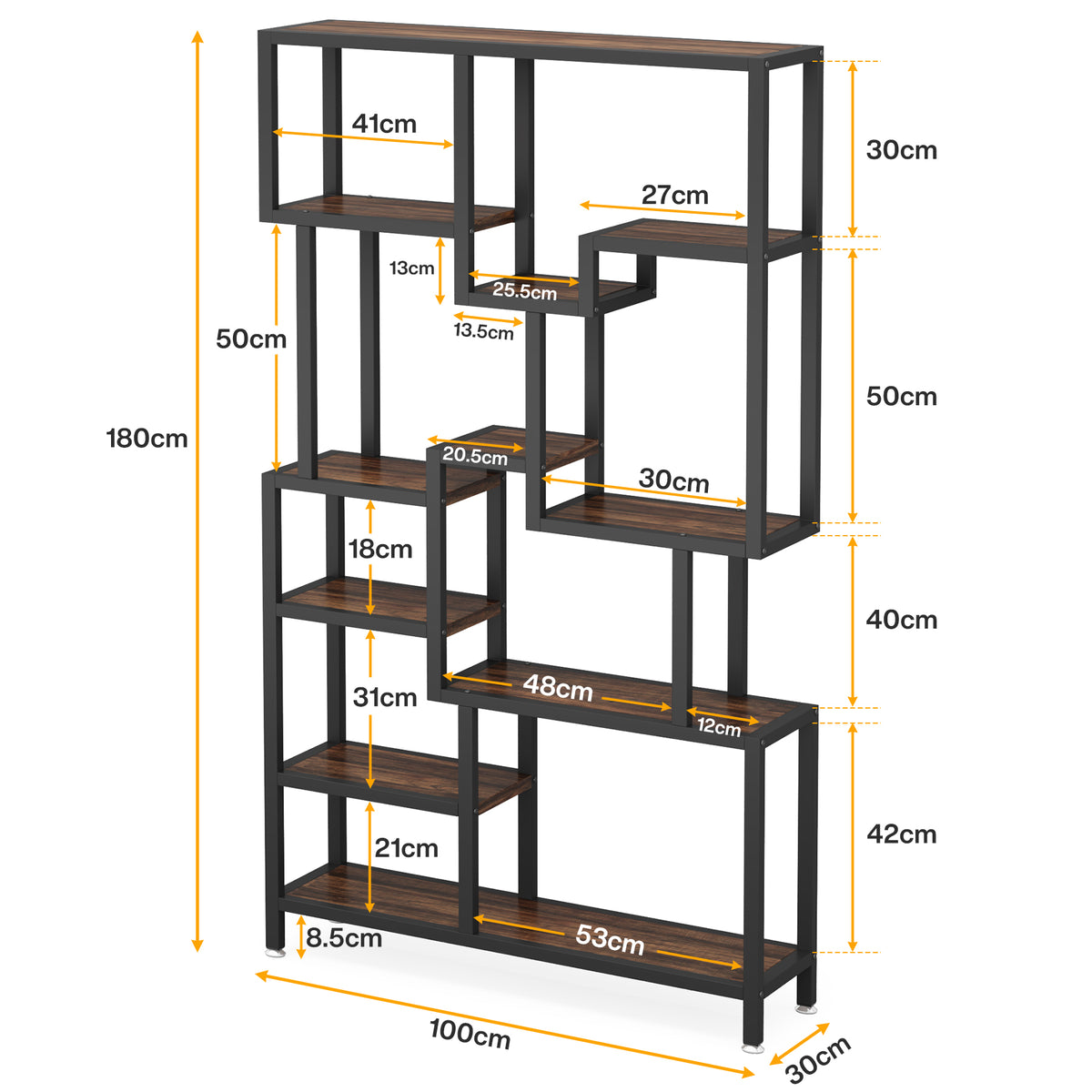 200cm 7-Tier Industrial Bookshelf, Tall Wooden Shelves for Living Room Home Office