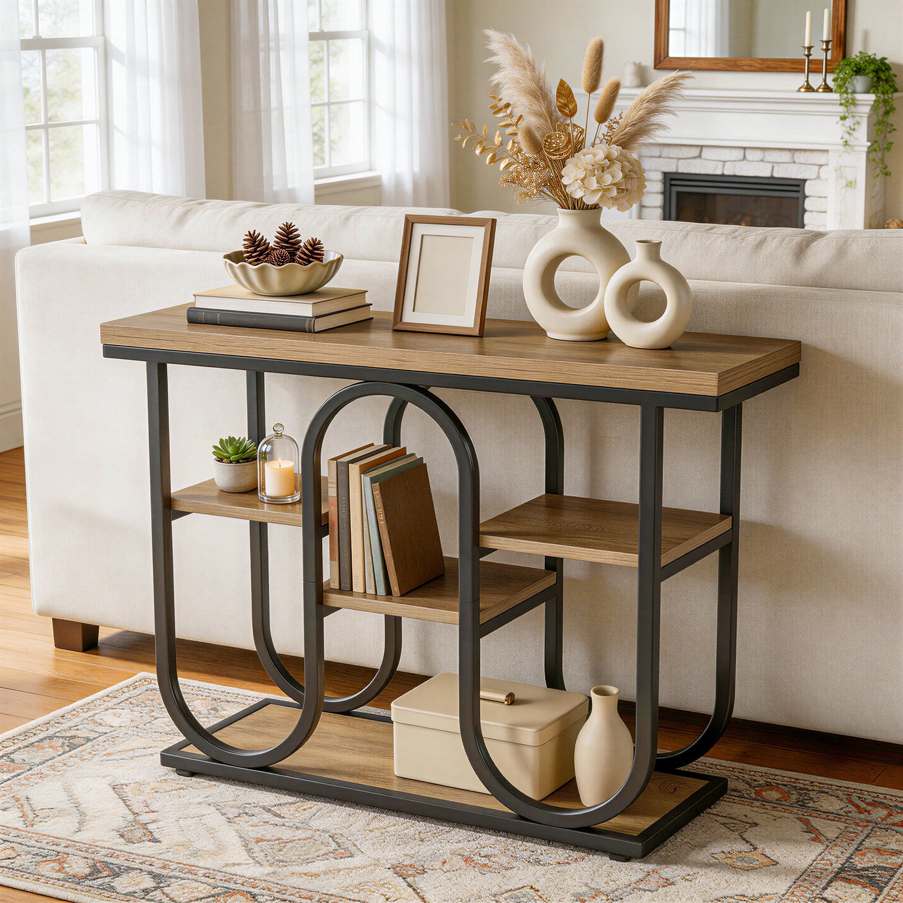 105cm Console Table, 4-Tier Sofa Table Entryway Table with Open Shelves