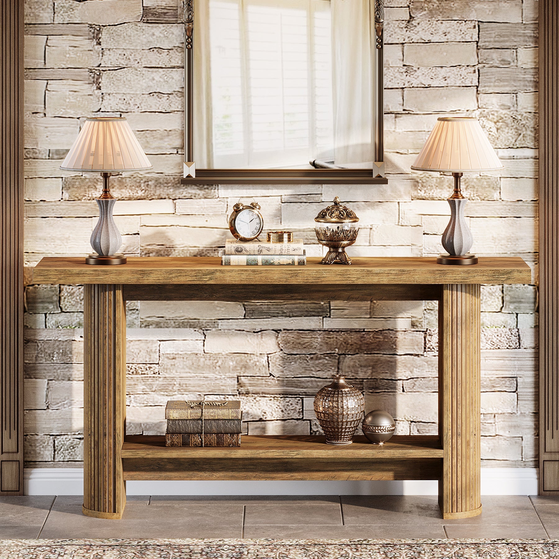 55" Narrow Console Table with Storage Shelf, Rustic Entryway Sofa Table