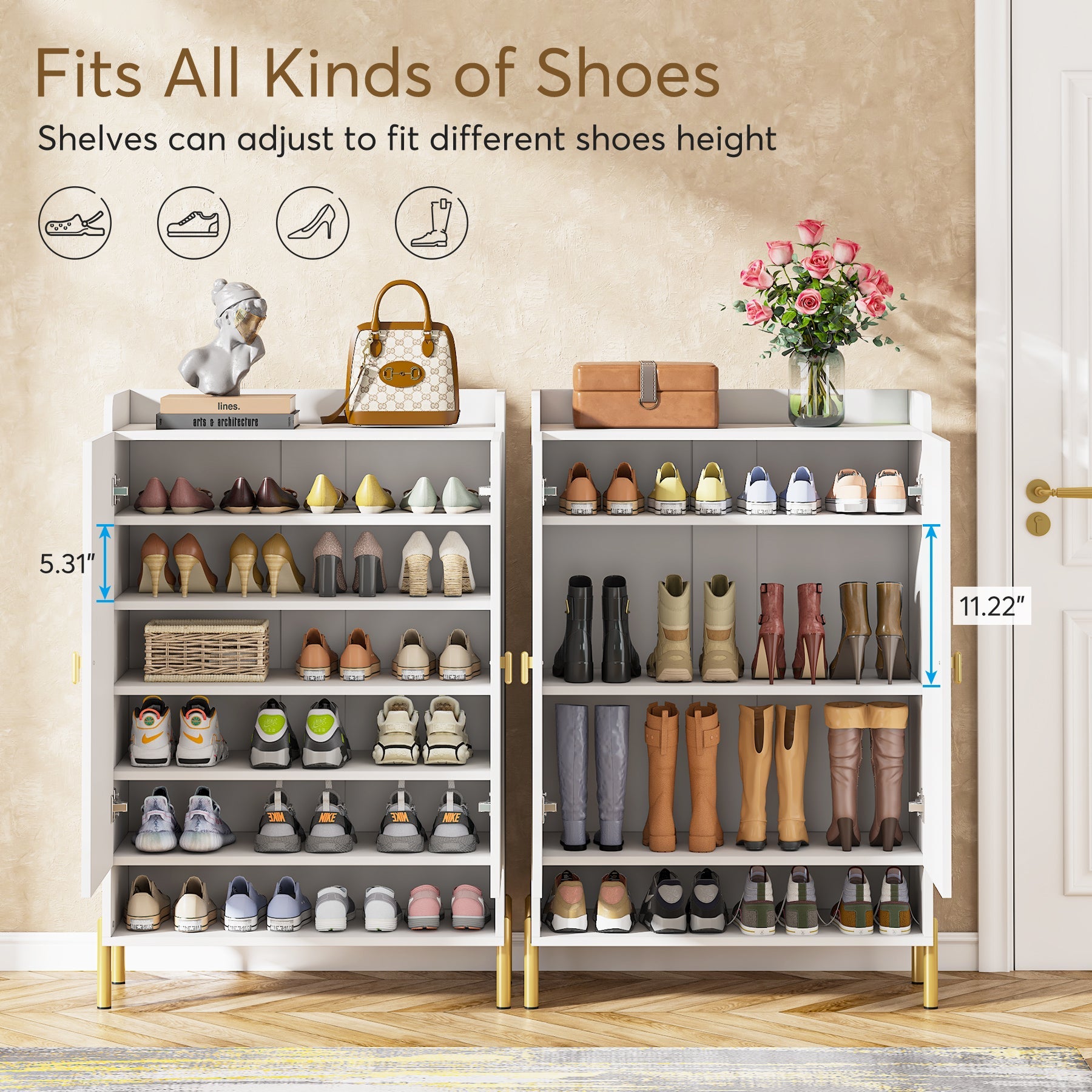 6-Tier Shoe Cabinet, Freestanding White Organizer with Doors for Entryway